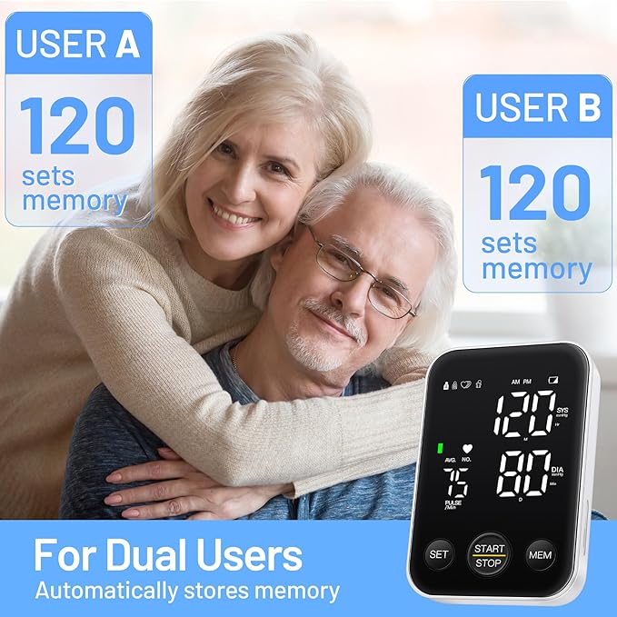 Blood Pressure Monitor Upper Arm Machine Accurate Adjustable Manual BP Cuff Kit Led Backlit Display 2 Users 240 Sets Memory Includes Storage Bag Black