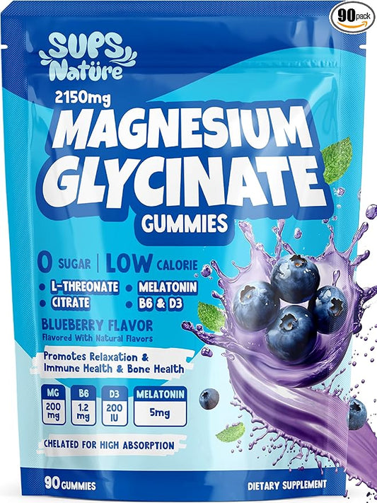Magnesium Glycinate Gummies 2150 mg with Melatonin 5mg for Adults Sleep Support, Stress Relief, Blueberry Gummies 90 CT