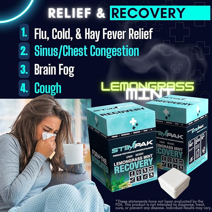 Shower Steamers | Recovery | XL 80g Post-Workout & Sinus Relief | Eucalyptus, Tea Tree, Turmeric, Arnica, Caffeine, Menthol | Maximum Strength Aromatherapy | Allergies, Cold & Flu (8 Pack)