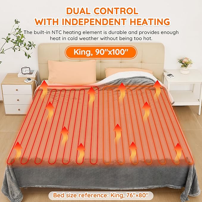 Mia&Coco Electric Blanket King -90"x100" Dual Control Flannel Heated Blanket, 10 Heat Levels, 10-Hour Auto-Off, Fast Heating, Overheat Protection, Soft Heating Blanket for Home and Office (Gray)
