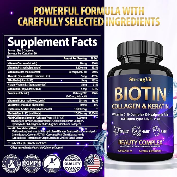 Biotin with Hyaluronic Acid, Keratin, and Collagen Supplements - Hair Growth Vitamins for Women, Healthy Nails and Skin, B1, B2, B3, B6, B7 Complex, USA (120 Capsules)