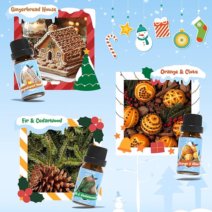 Holiday Essential Oils Set, Fragrance Oil Set for Diffuser, Scent Diffuser Oil for Candle Making-Vanilla Cinnamon Cookies, Caramel Apples, Gingerbread, Fir Cedar, Orange Cloves, Mulled Wine