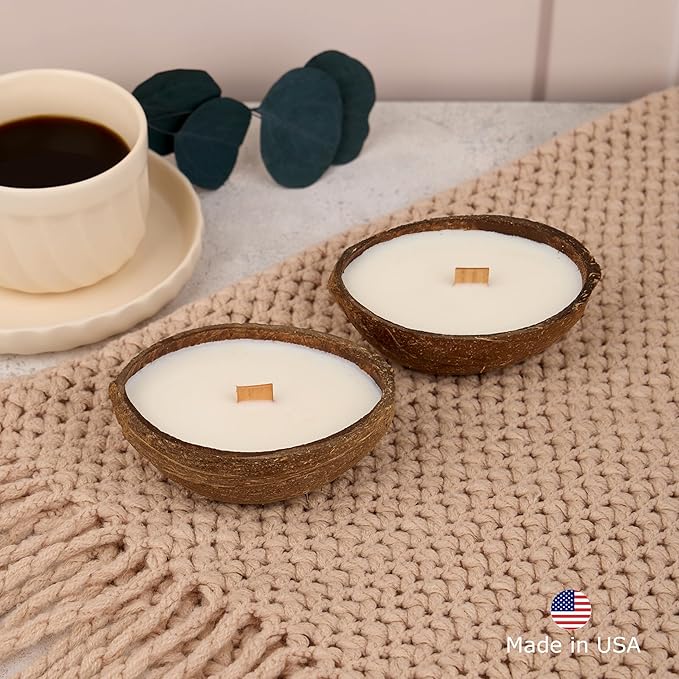 – Set of 2 Separate Scented Candles Clearance | Coconut Shell Soy Wax Candle with Wooden Wick | Candles for Home Décor | Gift Idea for Women (Coffee/Salted Caramel)