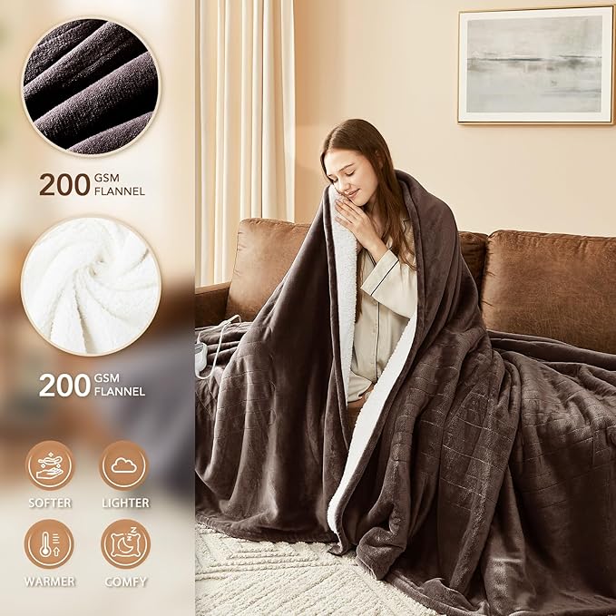 Homemate Electric Heated Blanket King - 100"x90" Heating Bed Blankets Throw with 10 Heating Levels 8 Hours Auto Off Fast Heating Over-Heated Protection Ultra Soft Warm Flannel ETL Certified Brown