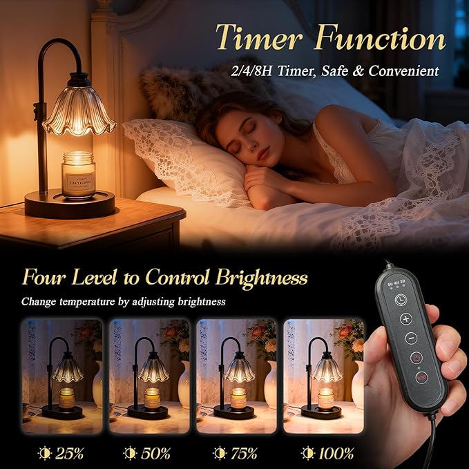 Candle Warmer Lamp with Adjustable Height - Flameless 4-Level Dimmable Wax Warmer with Colorful Glass Shade & Wooden Base, Timer Function & Stylish Design in Multiple Colors (Black 2)