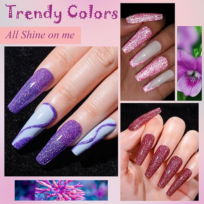 MEET ACROSS Reflective Glitter Gel Nail Polish Set for Christmas Nails 12 Colors Including Pink Red Purple Holographic Gel Polish Kit UV LED Soak Off Nail Polish Home DIY Manicure Nail Salon Varnish