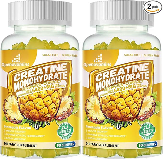 Creatine Monohydrate Gummies Complex for Men & Women -Advanced Formula W/L-Taurine + Vitamin B12, Sugar Free Chewable Supplement,180 Pineapple Gummies 2pack
