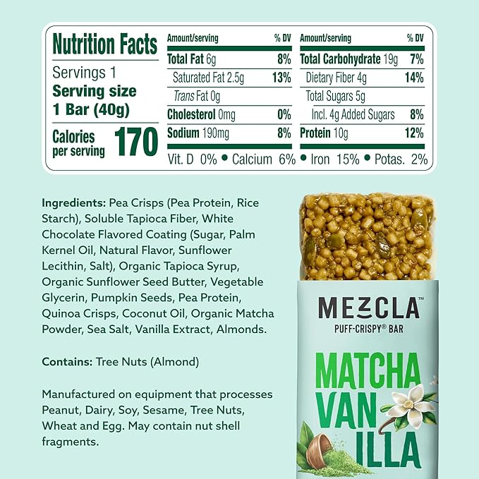 Mezcla Puff Crispy Protein Bars, Gluten Free & Vegan Protein Bars, 10g Protein, Alt for Crispy Rice Treat, Granola Bars & Breakfast Bars, Healthy Snacks for Adults, Matcha Vanilla, 12 Pack