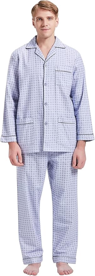 GLOBAL Men's Pajamas Sets 100% Cotton Flannel Sleepwear Long-Sleeve top & Bottom