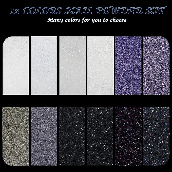 Laza 12 Colors Nail Glitter Powder Shining Sugar Effect Glitter Black White Dust Sand Powder Candy Coat Manicure Nail Art Decoration for Nail Art Tips Decoration DIY Crafts