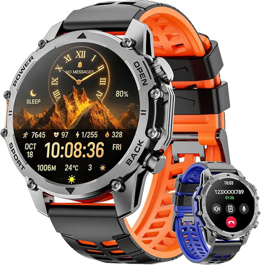 Smart Watch (Call/Notification),1.52'' Military Smart Watches for Men, Two Style Kits,Flashlight,100+Sport Modes/Heart Rate/Sleep Monitor/Pedometer, Fitness Tracker Android Phones iPhone Compatible