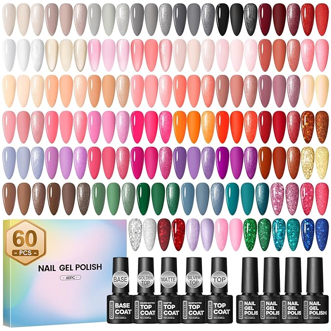 COSCELIA 60PCS Gel Nail Polish Starter Kit, 55 Colors gel polish with 5pcs Top Base Coat All Seasons Colors Nail Polish Kit French Manicure Nail Art Christmas Gifts for Women Teenagers Girls