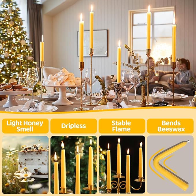 18 Pack Beeswax Taper Candles, 8 in Dripless Pure Beeswax Candle Sticks,8 Hours Long Burning Natural Bees Wax Candles for Home,Unscented Smokeless Tapered Candlesticks for Dinner