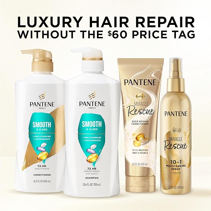 Pantene Shampoo & Conditioner Set, Smooth and Sleek - Frizz Control with Antioxidants, Nourishing for All Hair Types - Curly, Dry, Color-Treated, 52.8 Oz Total + Miracle Rescue Shot (0.5 Oz)