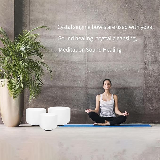 Hye-eun Sound Bowl Meditation Set,432hz Frosted Quartz Crystal Singing Bowls Set of 3, 8"A Third-eye10"C Root 12"F Heart Chakra with Carrying Case Healing instrument