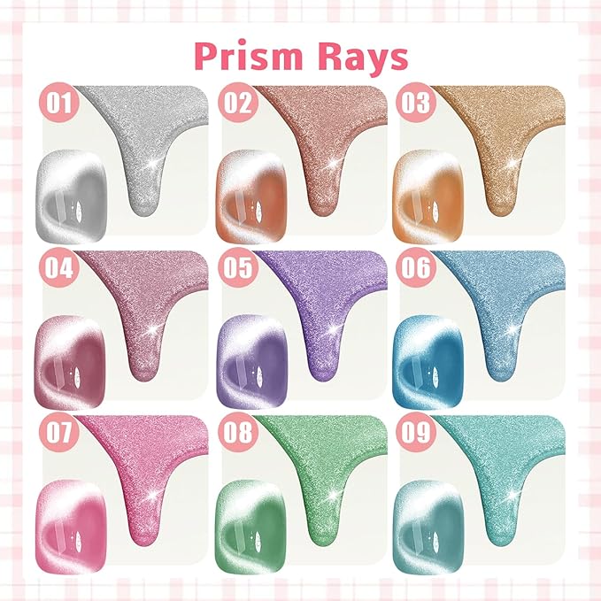 Gel Nail Polish Set, Cat Eye Gel Polish Kit, Holographic Reflective Magnetic Shimmer Blue Red Brown Purple Green Gray Glitter Nail Art, Manicure Salon DIY, Soak Off, UV/LED Cured (9 Colors F)