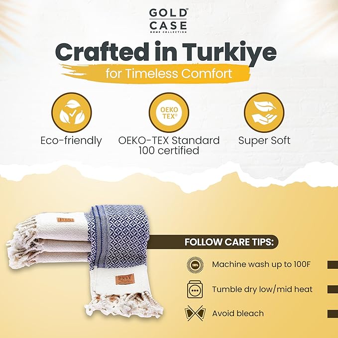 Gold CASE Turkish Hand Towels for Bathroom Set of 4 – 20 x 40'' – 100% Cotton Bathroom Towels – Aphrodite Kitchen Small Towel for Spa, Face, Tea & Dishcloth – Decorative Patterned Weave – Navy Blue