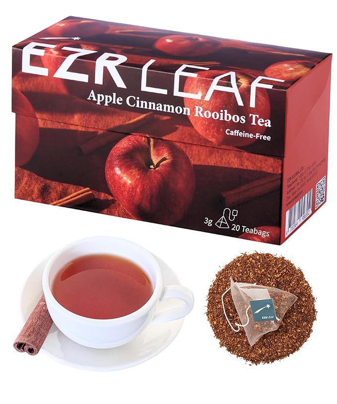 EZR Leaf Apple Cinnamon Rooibos Tea Caffeine Free Decaf Herbal Tea, 20 counts 2.1 Once Pyramid Tea Bags, Naturally Sweet, Relaxing Sleep Blend