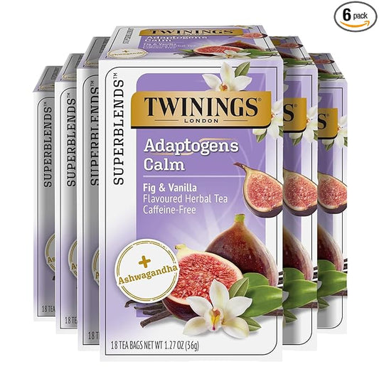 Twinings Superblends Adaptogens Calm with Ashwagandha Fig & Vanilla Flavoured Herbal Tea, Naturally Caffeine-Free, 18 Tea Bags (Pack of 6), Enjoy Hot or Iced, 108 Teabags