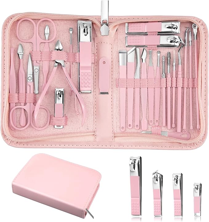 Manicure Set Professional Nail Clipper Kit-26 Pieces Stainless Steel Manicure Kit,Nail Care Tools with Luxurious Travel Case (Pink)