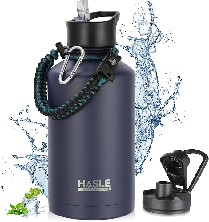 HASLE OUTFITTERS Half Gallon Insulated Water Bottles 64 oz, Stainless Steel Metal Water Jug with 2 Lids Keep Cold 48h/Hot 24h, Leak Proof & BPA-Free Water Flask Jug(Navy,1)