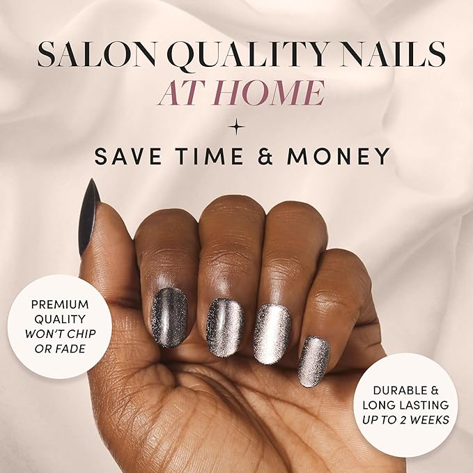 Glamnetic Press On Nails - Galactic | Short Round Gunmetal Pewter Glittered Nails with a Glaze Finish | 12 Sizes - 30 Nail Kit with Glue