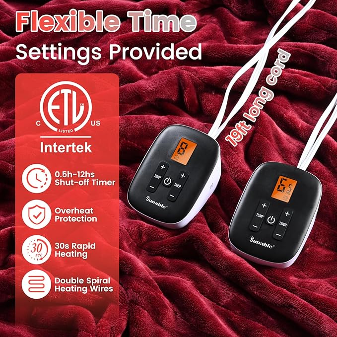 Sunable Heated Electric Blanket - Machine Washable Blanket with Time Settings 10 Heat Settings Queen Size 84×90 inches Burgundy -Velvet