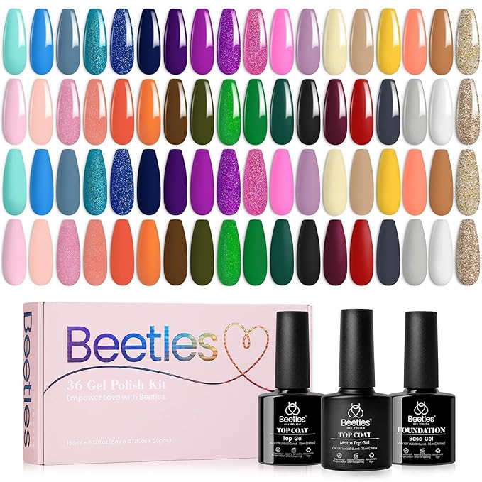 Beetles Fall Gel Nail Polish Set, 36 Colors Gel Polish Set Sparkle Red Pink Glitter Black Nail Kit Free Journey Collection with 3Pcs Base Top Coat Soak off Uv Gel Polish Manicure Kit
