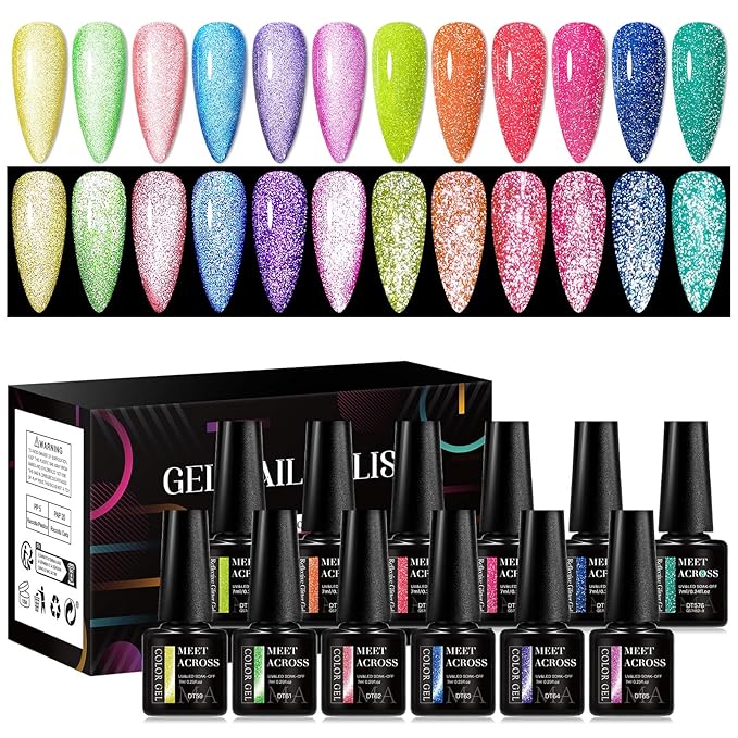 MEET ACROSS Reflective Glitter Neon Gel Polish Set, 12 Colors Gel Nail Polish Set Nails Gel Blue Hot Pink Purple Soak Off Uv Led Gel Nail Polish Kit Nail Gift for Her