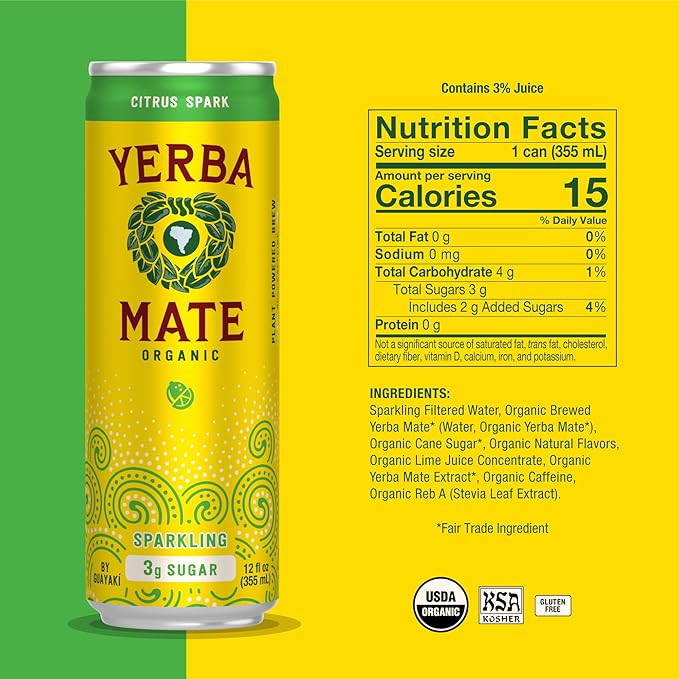 Yerba Madre Organic Sparkling Yerba Mate, Citrus Spark, Low Sugar, 80mg Natural Plant Based Caffeine, Smooth Energy & Focus, Carbonated, 12 Oz (Pack of 12) (Packaging May Vary)