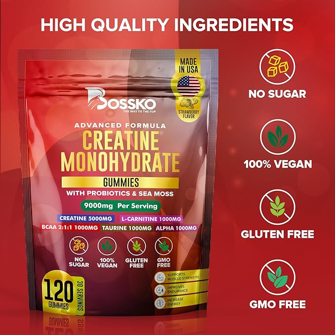 (9g) Creatine Monohydrate Gummies Complex with BCAA - L-Taurine L-Carnitine- B12 Probiotics Pre Workout Chewables Gummies for Men & Women | Vegan Non-GMO 120 Count