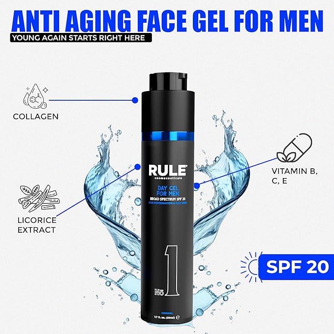 No.1 Day Gel for Men, 10-in-1 Anti-Aging Face Moisturizer to Reduce Wrinkles, SPF 20, Collagen, Vitamins B, C & E - Combination & Oily Skin - Original, 50 mL