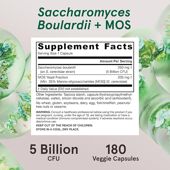 Jarrow Formulas Saccharomyces Boulardii + MOS - 5 Billion Organisms Per Serving - 180 Delayed Release Veggie Caps - Probiotic + Prebiotic - Intestinal Tract Support - Up to 180 Servings