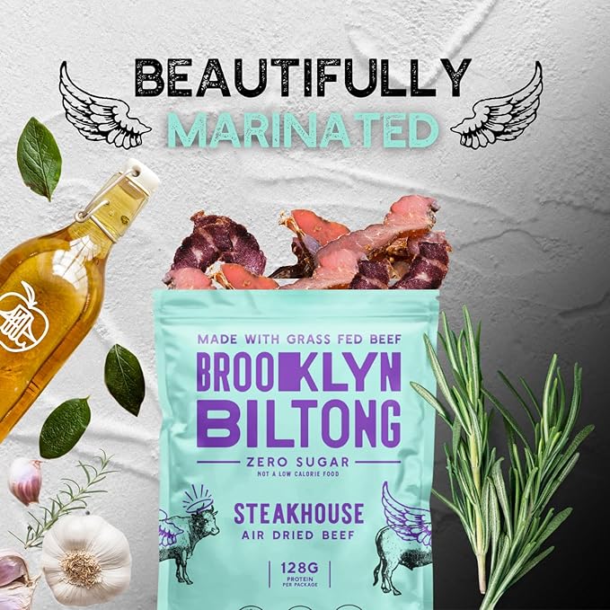 Brooklyn Biltong Air Dried Grass Fed Beef Snack, South African Beef Jerky (2 oz, Pack of 2) - Whole30 Approved, Paleo, Keto, Gluten Free, Sugar Free, Made in USA - (Steakhouse)