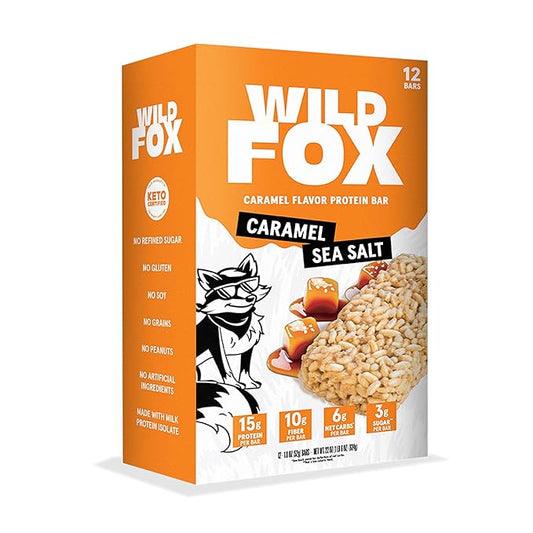 Wild Fox Protein Bars - Keto-Certified High Protein Snack with No Refined Sugar, Great Taste, 15g Protein, and No Seed Oils, Caramel Sea Salt