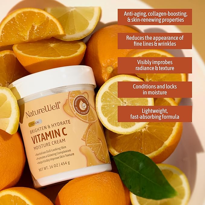 NATURE WELL Clinical Brighten & Hydrate Vitamin C Moisture Cream Skincare for Face, Body & Hands, Revitalizes Dull-Looking Skin, Promotes A Glowing Complexion, Helps Visibly Improve Skin Texture, 16oz