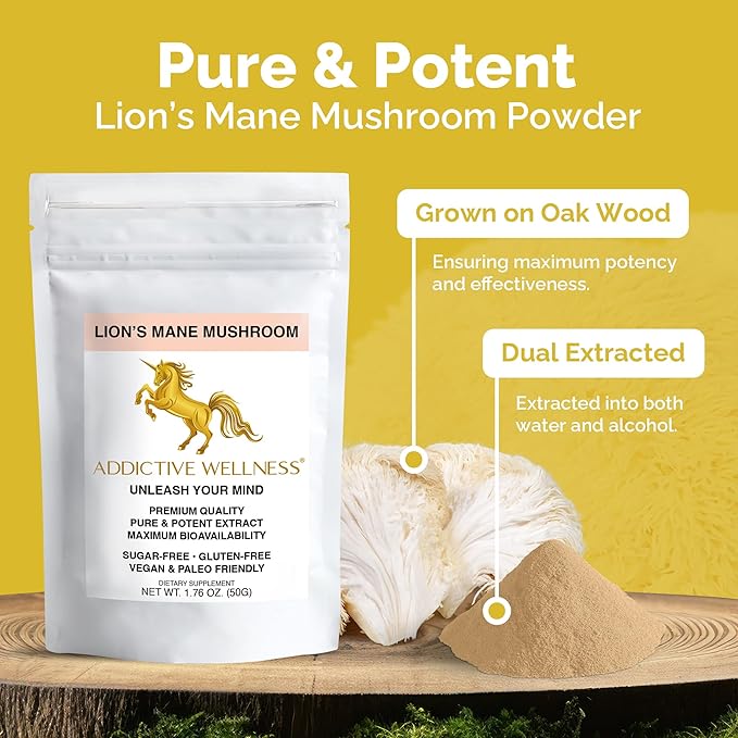 Addictive Wellness Lions Mane Supplement Powder, Premium Quality Lions Mane Mushroom Powder Dual-Extract Nootropic, Sugar Free, Vegan & Paleo Friendly Lion's Mane Mushroom Supplement - 1500 mg