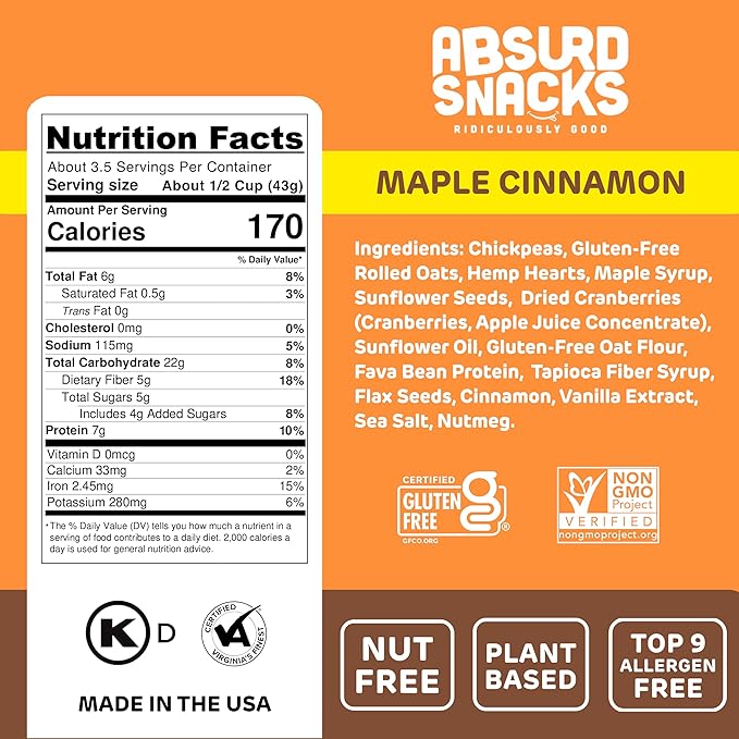 Absurd Snacks Chickpea & Granola Crunch Mix, Nut-Free, Gluten-Free, Plant-Based, Good Source of Protein & Fiber, Top-9 Allergen Free Snack Mix - 2-Pack (5 ounce, 3.5 servings) (Maple Cinnamon)
