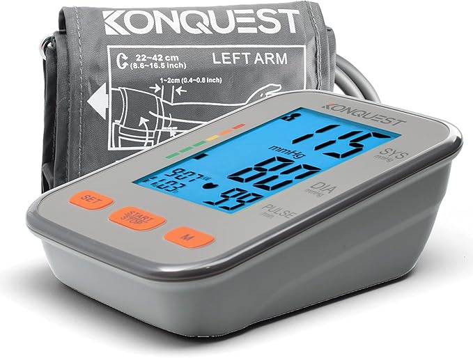 Konquest Automatic Upper Arm Blood Pressure Monitor - Extra Large Cuff 12 ½ ” to 19 ” (32 to 48.5 cm) - Large Backlit Display - Irregular Heartbeat Detector - Blood Pressure Monitor for Home Use