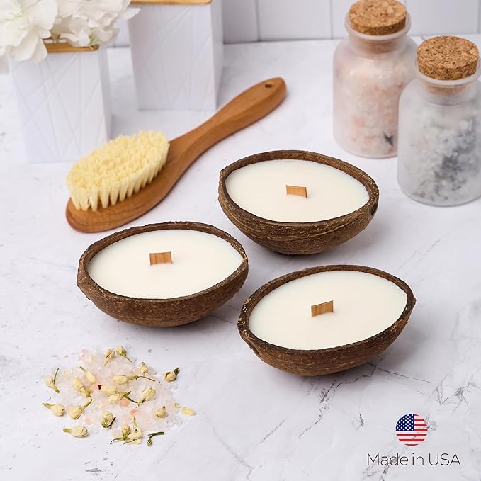 – Set of 3 Separate Scented Candles | Coconut Shell Soy Wax Candle with Wooden Wick | Candles for Home Décor | Gift Idea for Women (Pistachio/Salted Caramel/Coffee)