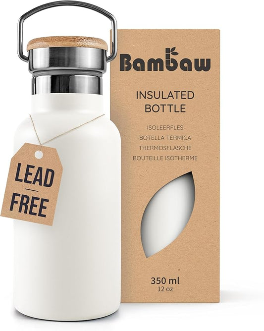 Bambaw Insulated Water Bottle 350ml, White Water Bottle, Stainless Steel Water Bottle, Leakproof Water Bottle, White Metal Water Bottle, 350ml Insulated Water Bottle – Polar White