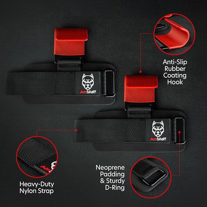 AmStaff Fitness Weight Lifting Hooks (Pair) - Gym Wrist Straps with Steel Hooks for Weightlifting, Pull-Ups, Deadlifts, Strength Training, and Fitness Workouts - Adjustable Neoprene Wrist Support