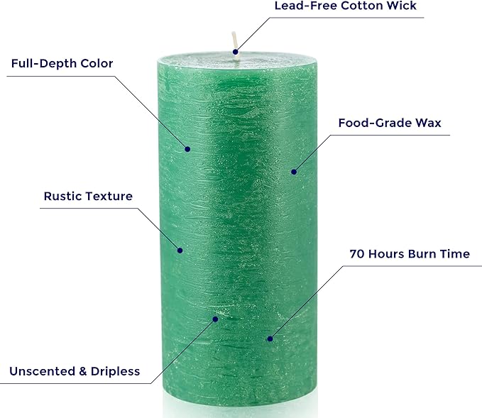 Set of 3 Pillar Candles 3" x 6" Unscented Handpoured Weddings, Home Decoration, Restaurants, Spa, Church Smokeless Cotton Wick - Dark Green