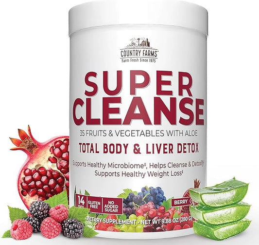 Country Farms Super Cleanse, Super Juice Cleanse, Supports Healthy Digestive System, 34 Fruits and Vegetables with Aloe, Promotes Natural Detoxification, Drink Powder, 14 Servings, 9.88 Ounce