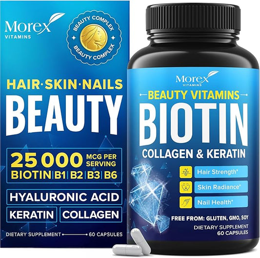 Biotin Keratin & Collagen Capsules - Made in USA - Natural Collagen, Keratin & Biotin for Hair Growth - Biotin & Collagen Vitamins with Multi Collagen Peptides for Hair Loss, Skin & Nails - 60 Caps