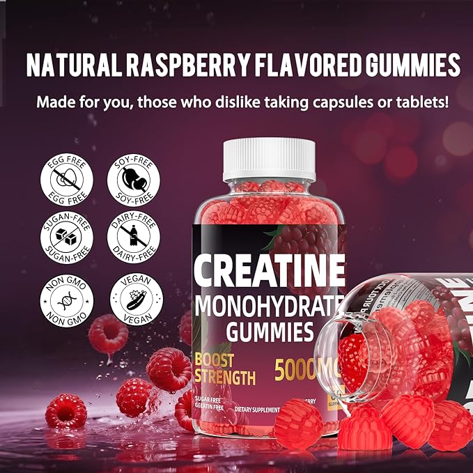 Creatine Monohydrate Gummies, Sugar Free & Gelatin Free, Raspberry Flavor, 60 Count Creatine Monohydrate Gummies for Men & Women, Muscle Growth, Strength & Energy Support