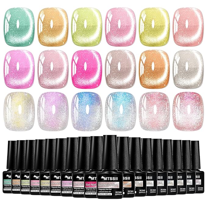 MTSSII 18PCS Cat Eye Gel Nail Polish Set with Magnet, Sea Spirit Magic Cateye Gel Polish Pink Green Blue Yellow Glitter Shinny Magnetic Nail Polish Soak Off LED Manicure Nail Art