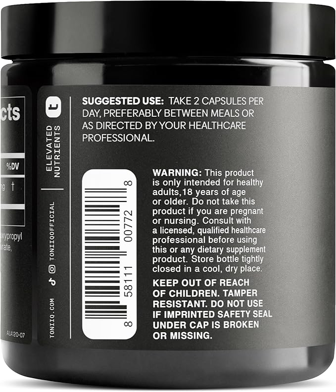 Toniiq 1000mg Ultra High Strength Alpha Lipoic Acid Capsules - Highly Purified 99%+ USP Standard - 120 Capsules ALA Supplement