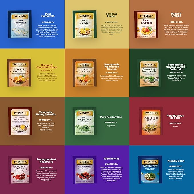 Twinings 48 Tea Bags Herbal Variety Pack, Bundle with 20 Flavored Honey Sticks – 12 Flavors Caffeine-Free Individually Wrapped Teas for Gift Basket, Office, Lobby Refreshments