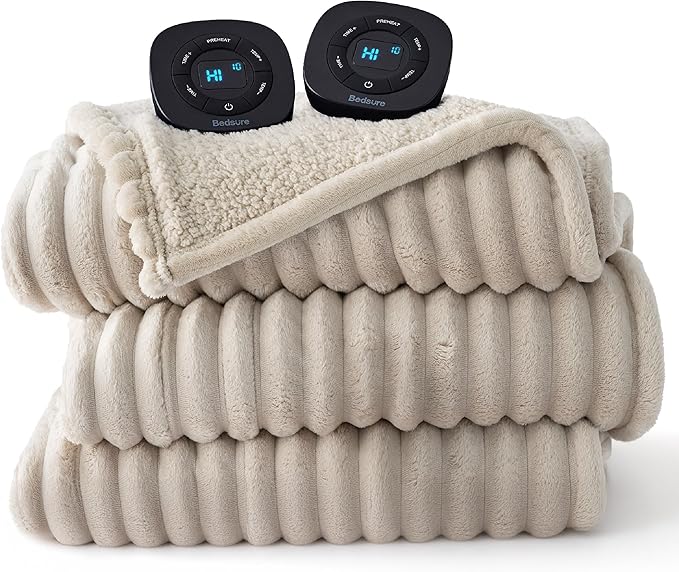 Bedsure Electric Blanket King Size - Thick Striped Flannel Electric Blanket with Dual Control, Heating with 10 Heat Settings & 10 Time Settings, 8 hrs Timer Auto Shut Off (90x100 inches, Linen)